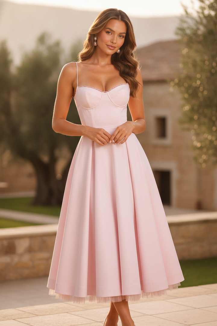 Tessa | Corset Spaghetti Strap Midi Wedding Guest Dress