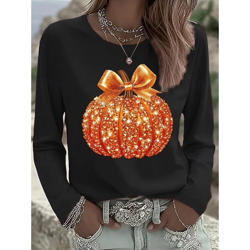 Women's Sparkling Pumpkin Graphic Long-Sleeve Black Halloween Top