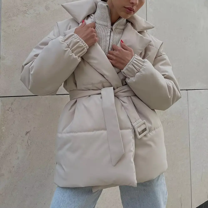 Women's Belted Winter Puffer Jacket with Cinched Waist