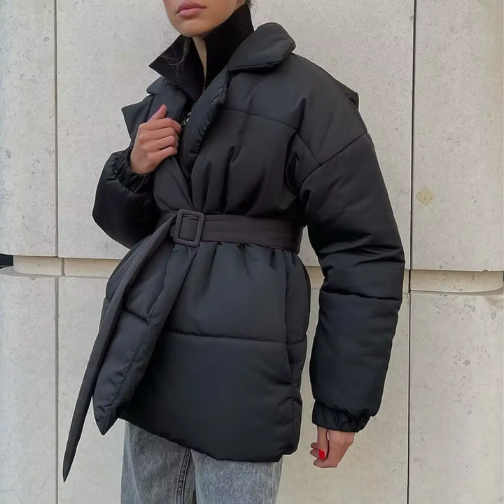 Women's Belted Winter Puffer Jacket with Cinched Waist