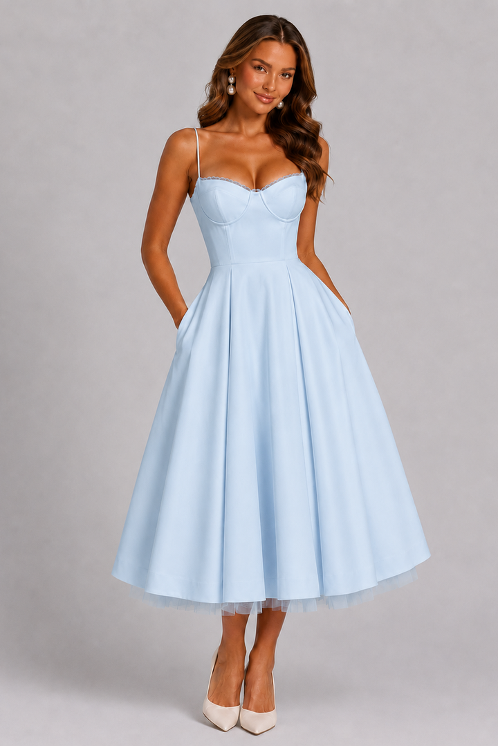 Tessa | Corset Spaghetti Strap Midi Wedding Guest Dress
