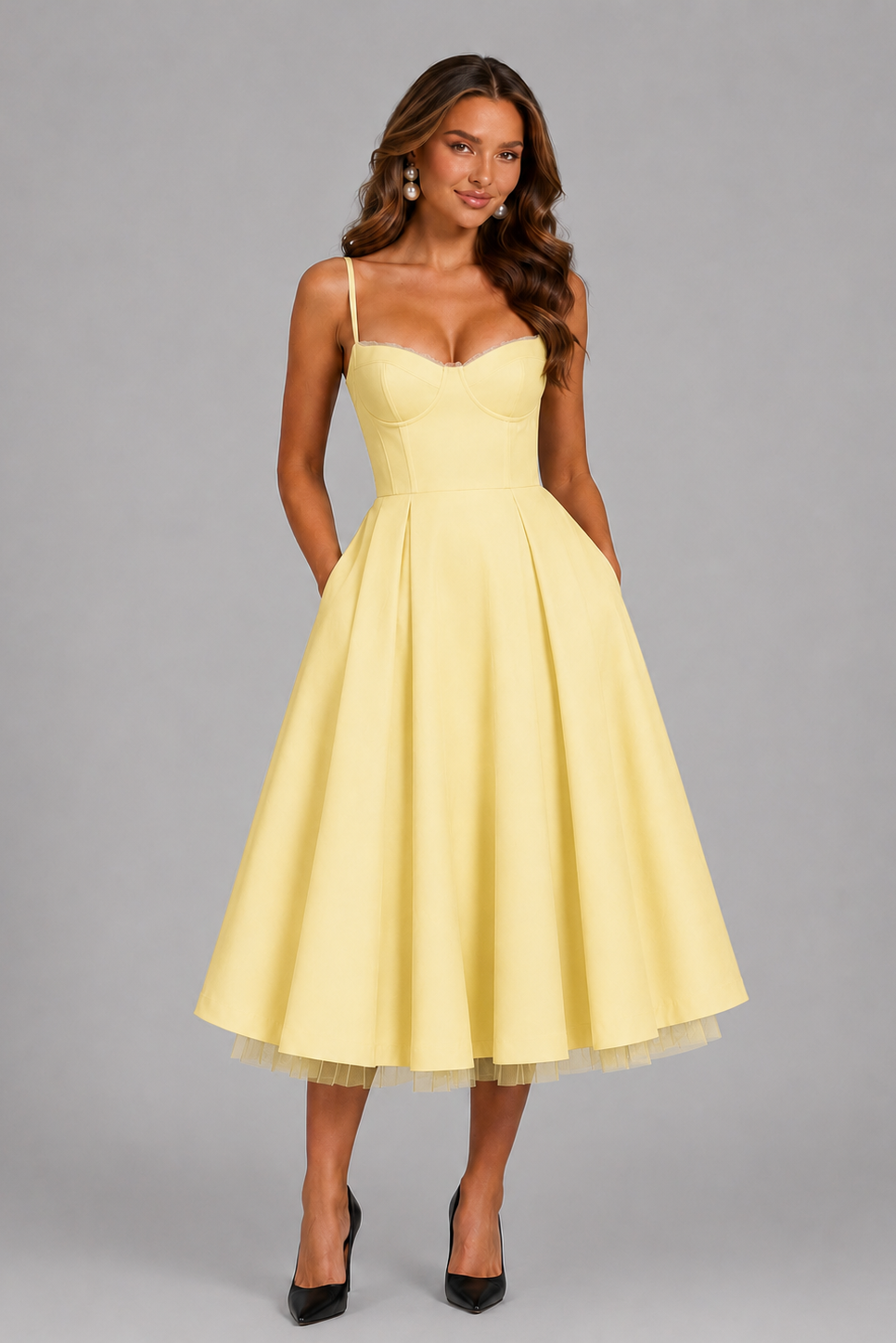 Tessa | Corset Spaghetti Strap Midi Wedding Guest Dress
