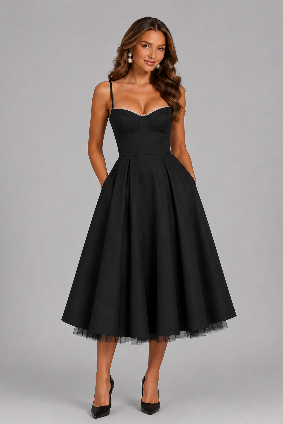 Tessa | Corset Spaghetti Strap Midi Wedding Guest Dress